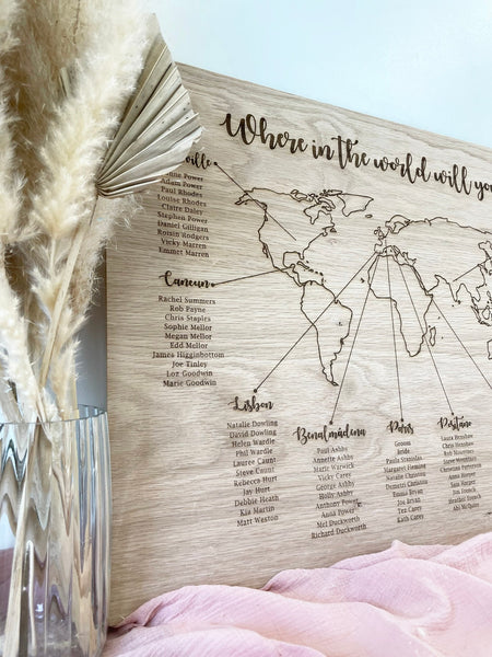 World Map Oak Wedding Table Seating Plan