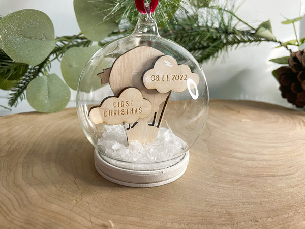 Baby’s First Christmas Hot Air Balloon Snow Globe Glass Bauble