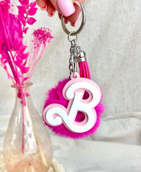 Custom Initial 3D Barbie Font Keyring with PomPom - School Bag Charm