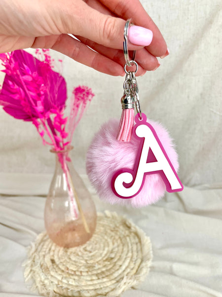Custom Initial 3D Barbie Font Keyring with PomPom - School Bag Charm