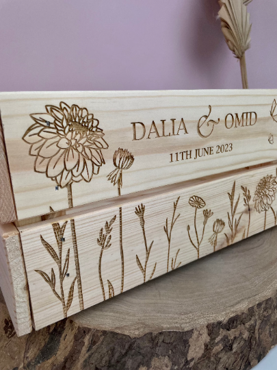 Dahlia flower personalised wooden crate - wedding box