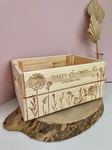 Dahlia flower personalised wooden crate - wedding box