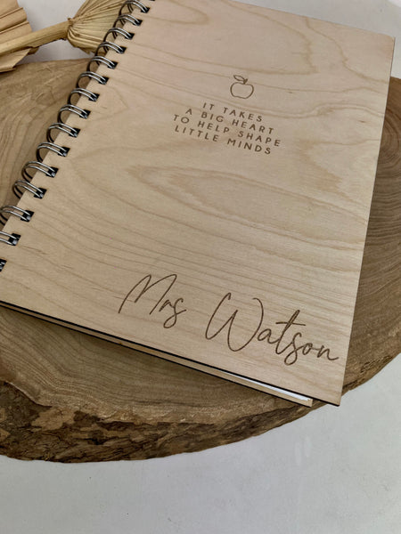 Unique Personalised Teacher Gift - Birch wood backed note book