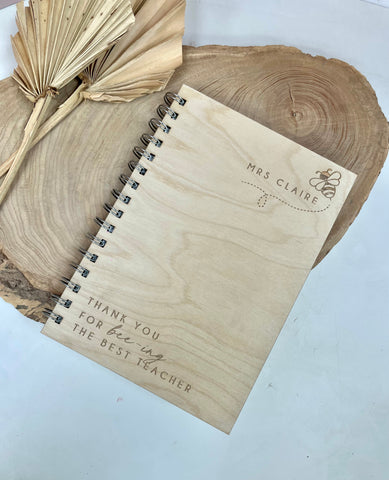 Personalised 'Bee' Thank You Teacher Gift - Birch wood backed note book