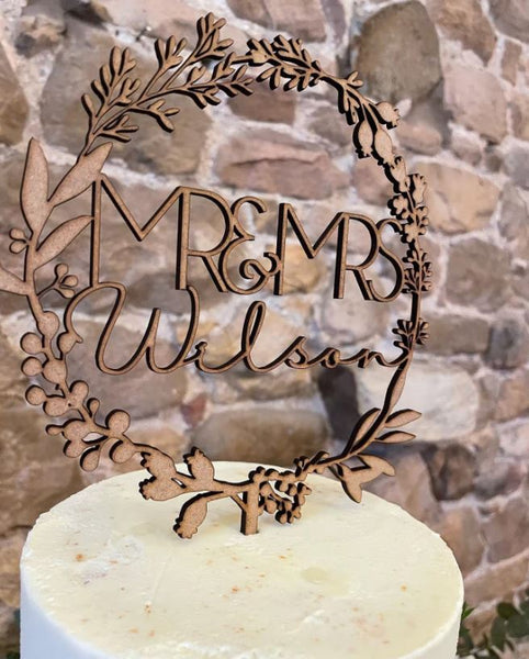 Floral Wreath Wooden Wedding Cake Topper