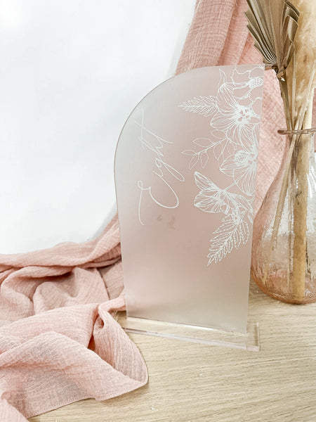 Table Numbers - Frosted Acrylic Engraved Floral Orchid Design