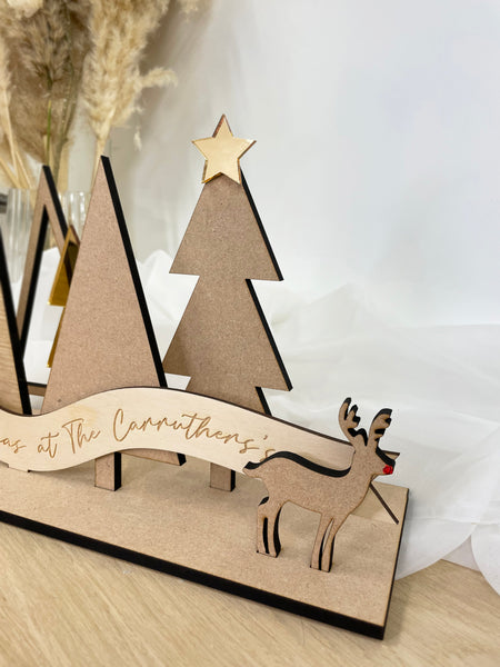 Christmas at the, personalised winter scene - free standing wooden Christmas tree décor