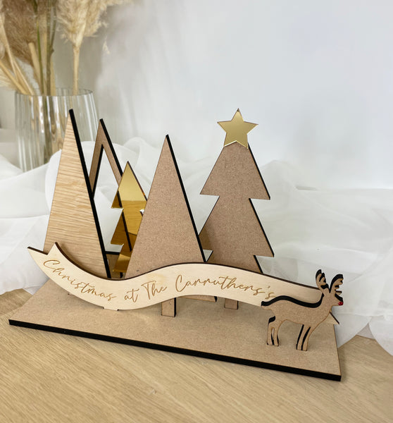 Christmas at the, personalised winter scene - free standing wooden Christmas tree décor