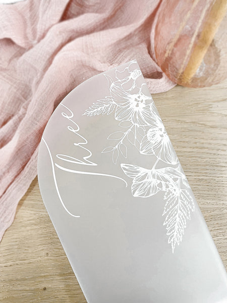 Table Numbers - Frosted Acrylic Engraved Floral Orchid Design
