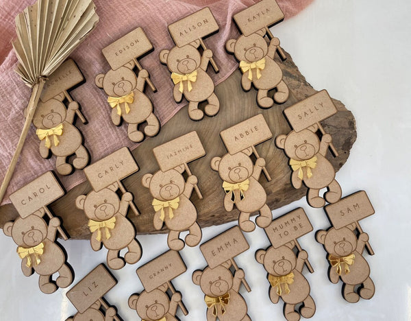 Teddy Bear Baby Shower Name Card - Wooden Name Place Setting