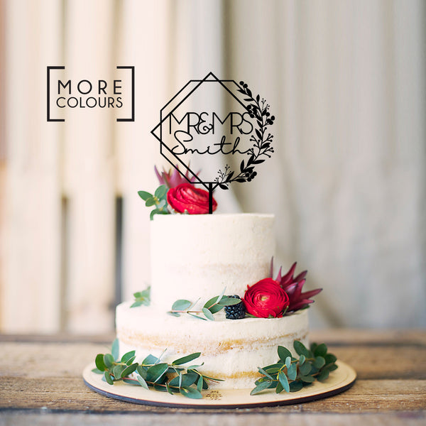 Floral Wreath Geometric Wooden Wedding Cake Topper