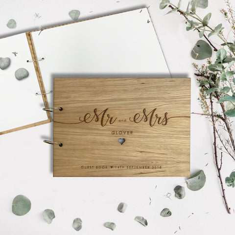 Mr & Mrs Engraved Personalised Oak Wood Wedding Guest Book