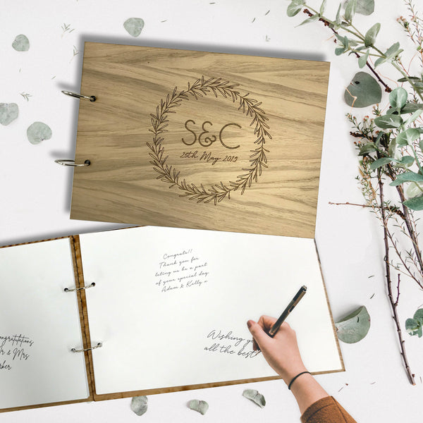 Foliage Wreath Engraved Personalised Oak Wood Wedding Guest Book