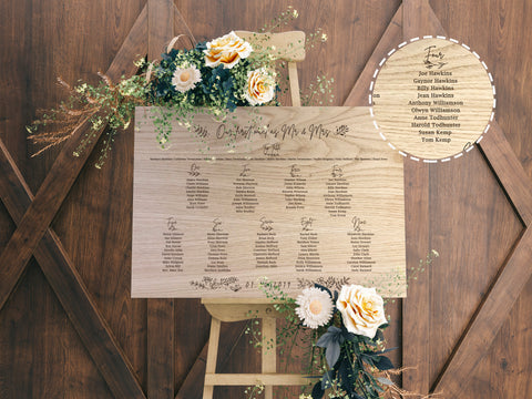 Oak Floral Wedding Table Seating Plan