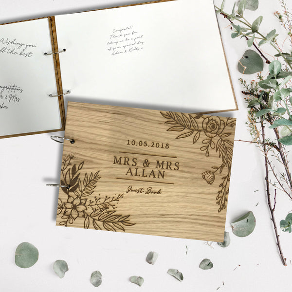 Monogram Wreath Engraved Personalised Oak Wood Wedding Guest Book