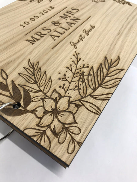 Floral Wreath Engraved Personalised Oak Wood Wedding Guest Book