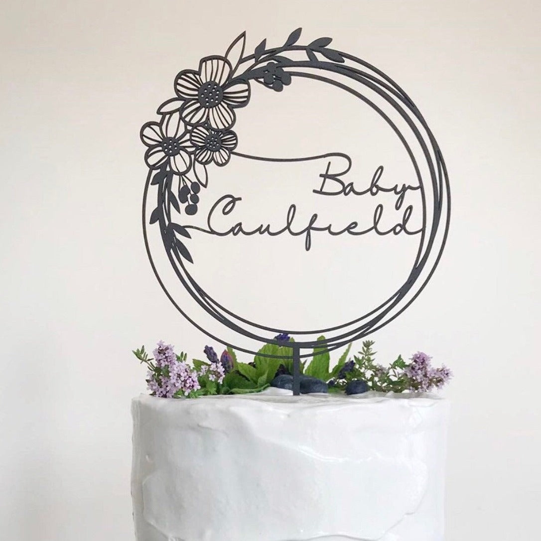 Floral Wreath Round Personalised Wooden Cake Topper