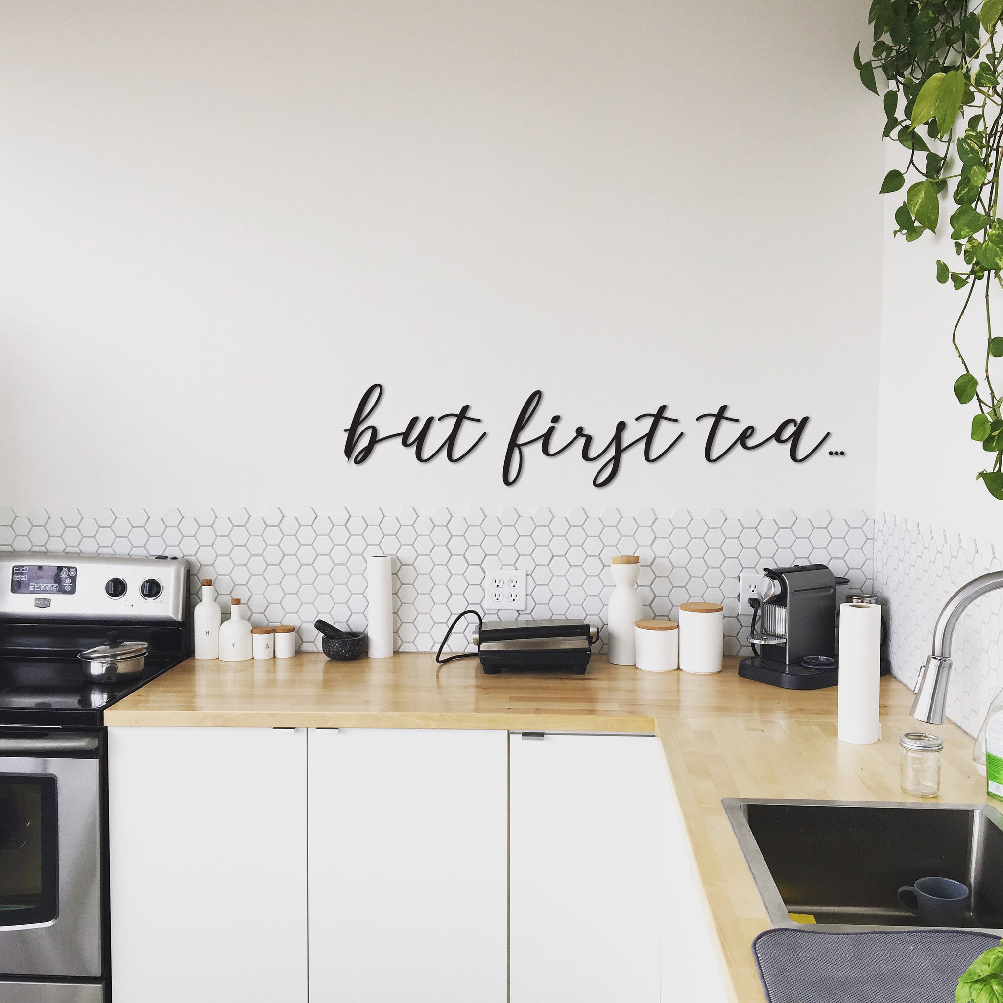 "But first tea" 3D decal kitchen wall art quote sign