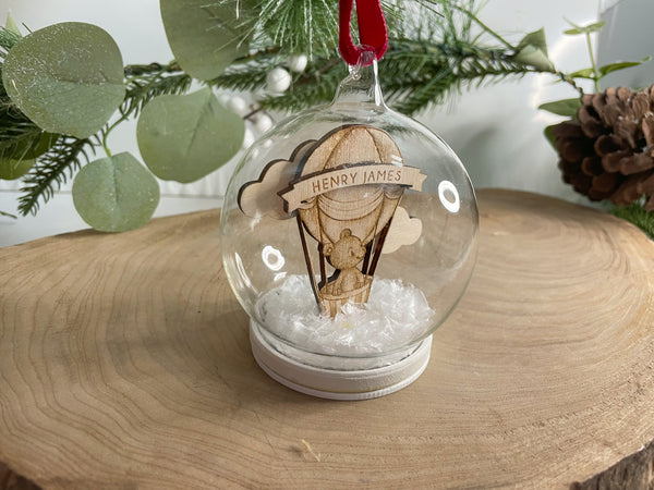 Baby’s First Christmas Hot Air Balloon Snow Globe Glass Bauble