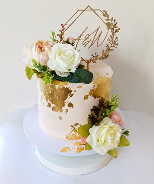 Floral Wreath Monogram Wooden Wedding Cake Topper