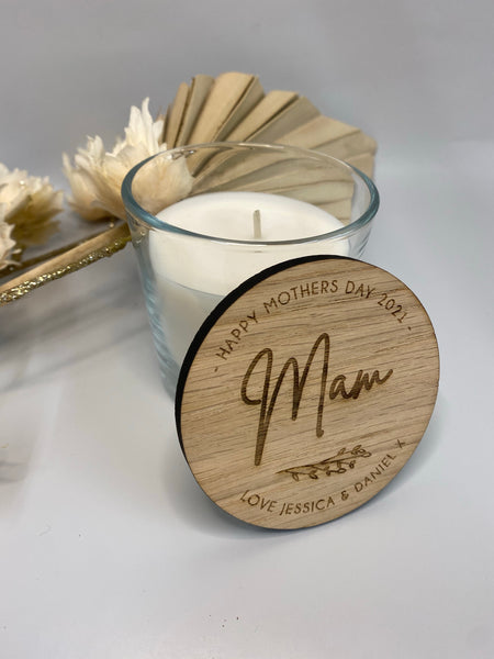 Personalised Mother’s Day Candle - Glass Candle Jar Wooden Lid - Engraved - Mam, Mum, Grandma - Gift Box