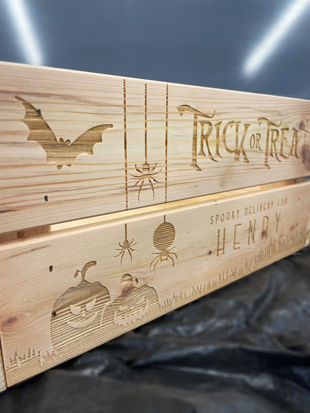 Trick or Treat - Personalised Halloween Hamper Gift Box - Chocolate Hamper Wooden Crate